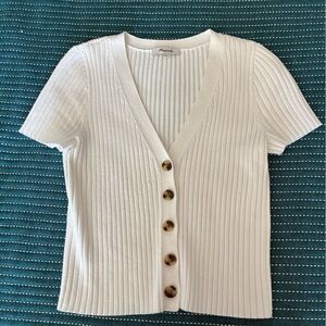 Madewell White V-Neck Ribbed Button-Up Top